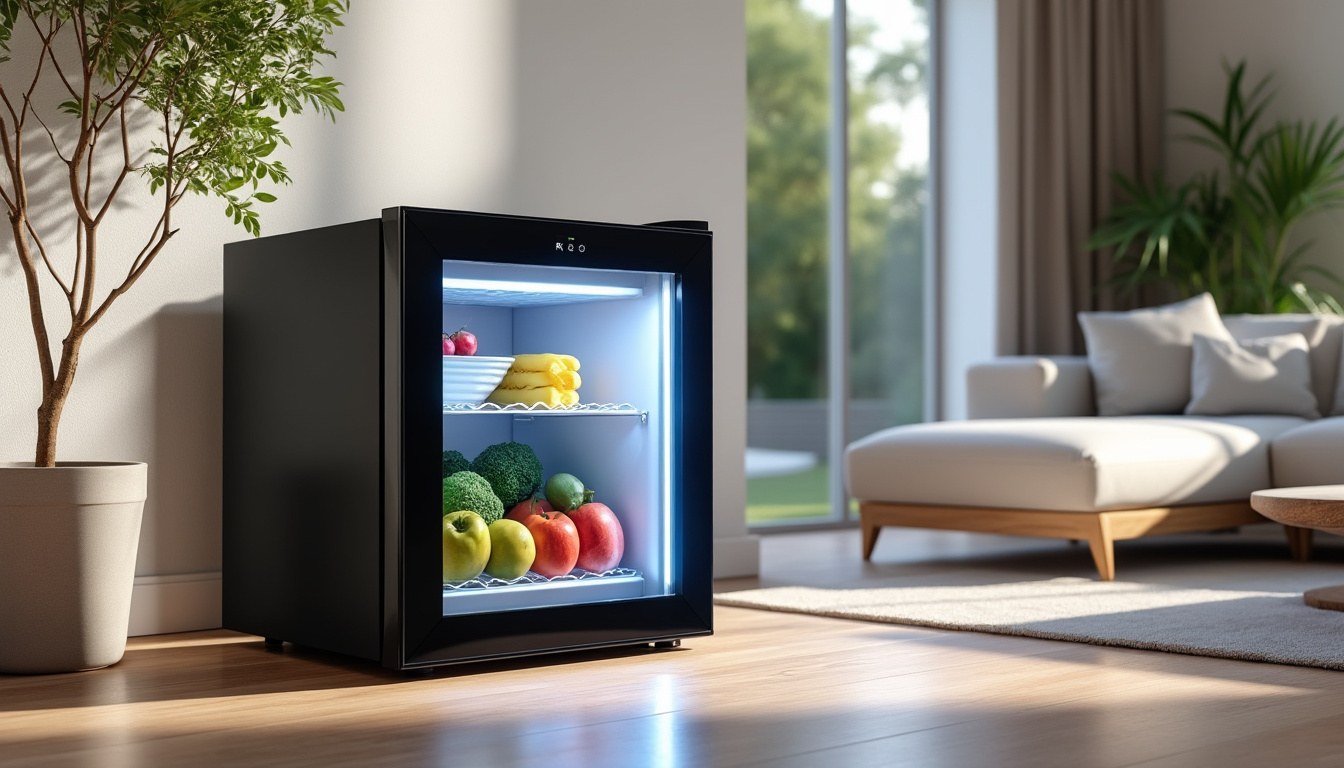scopri il mini frigo vetrato, l'eleganza e la praticità di un frigorifero con sportello in vetro trasparente, perfetto per conservare le tue bevande con stile.